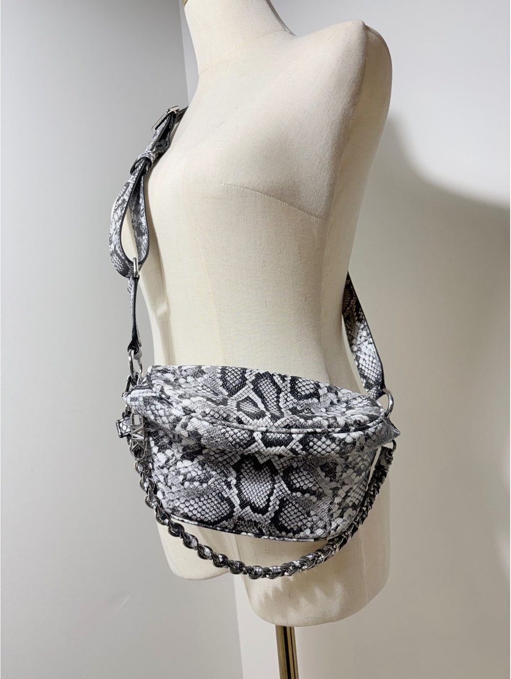 Michael Kors Women's Black and White Snakeskin Pattern Crossbody Messenger Bag